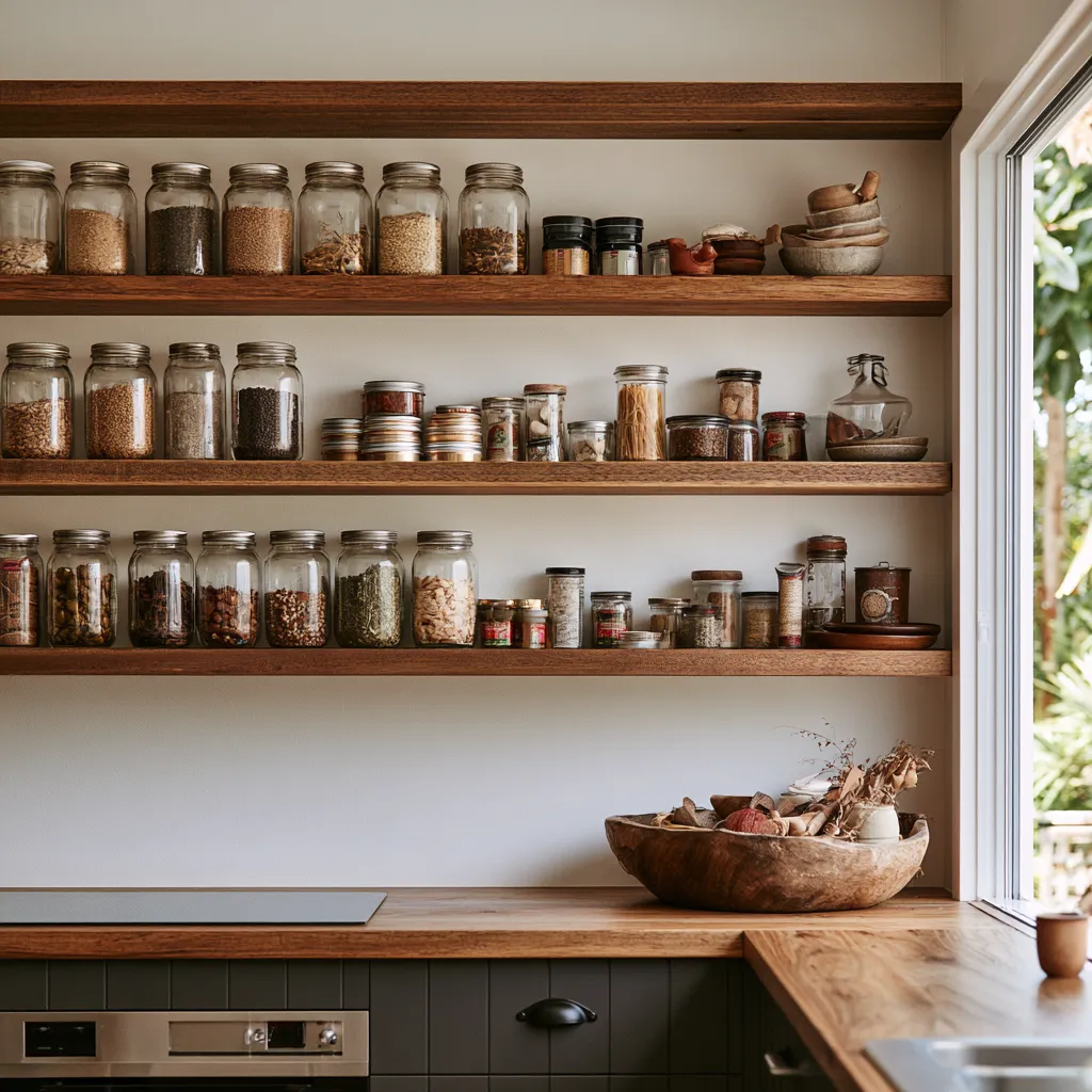 Pantry ideas for small kitchen without pantry using open wall shelves with glass jars and tins