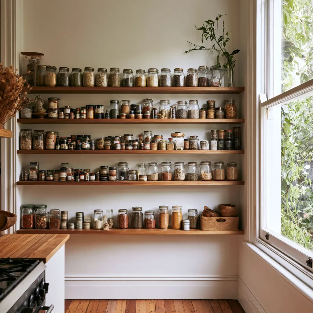 Small kitchen pantry storage idea with floating timber shelves and uniform jar organisation