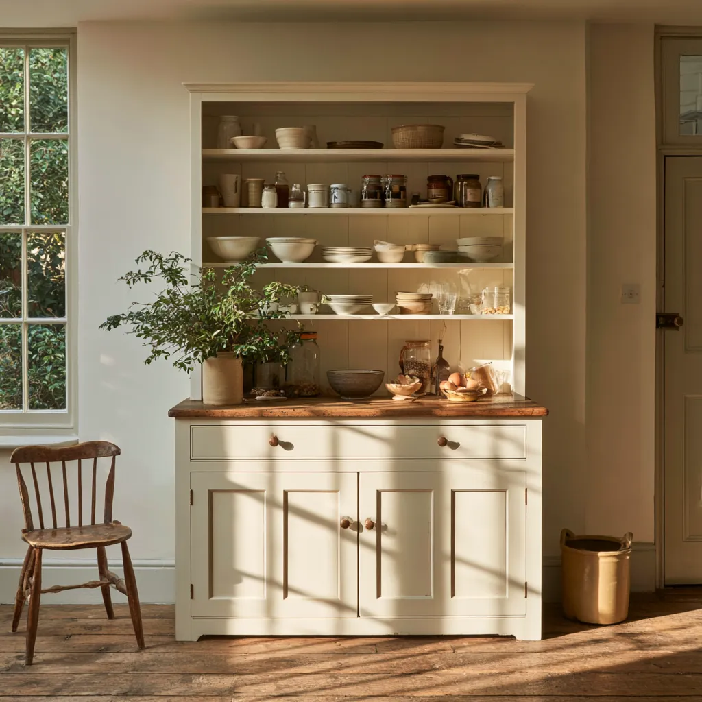 Small kitchen freestanding dresser as pantry replacement with cream painted wood and jars