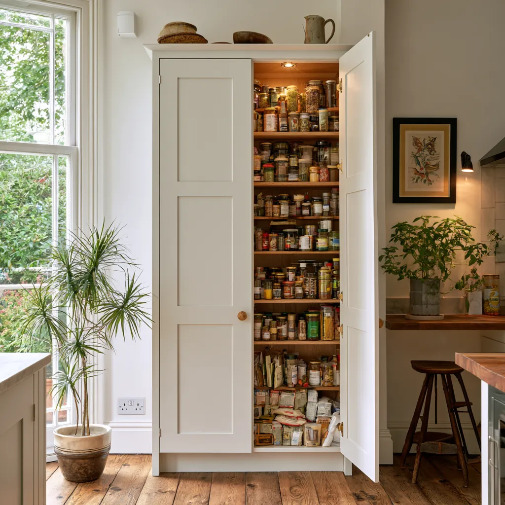Kitchen without a pantry solved with full-height larder cupboard pantry idea in white