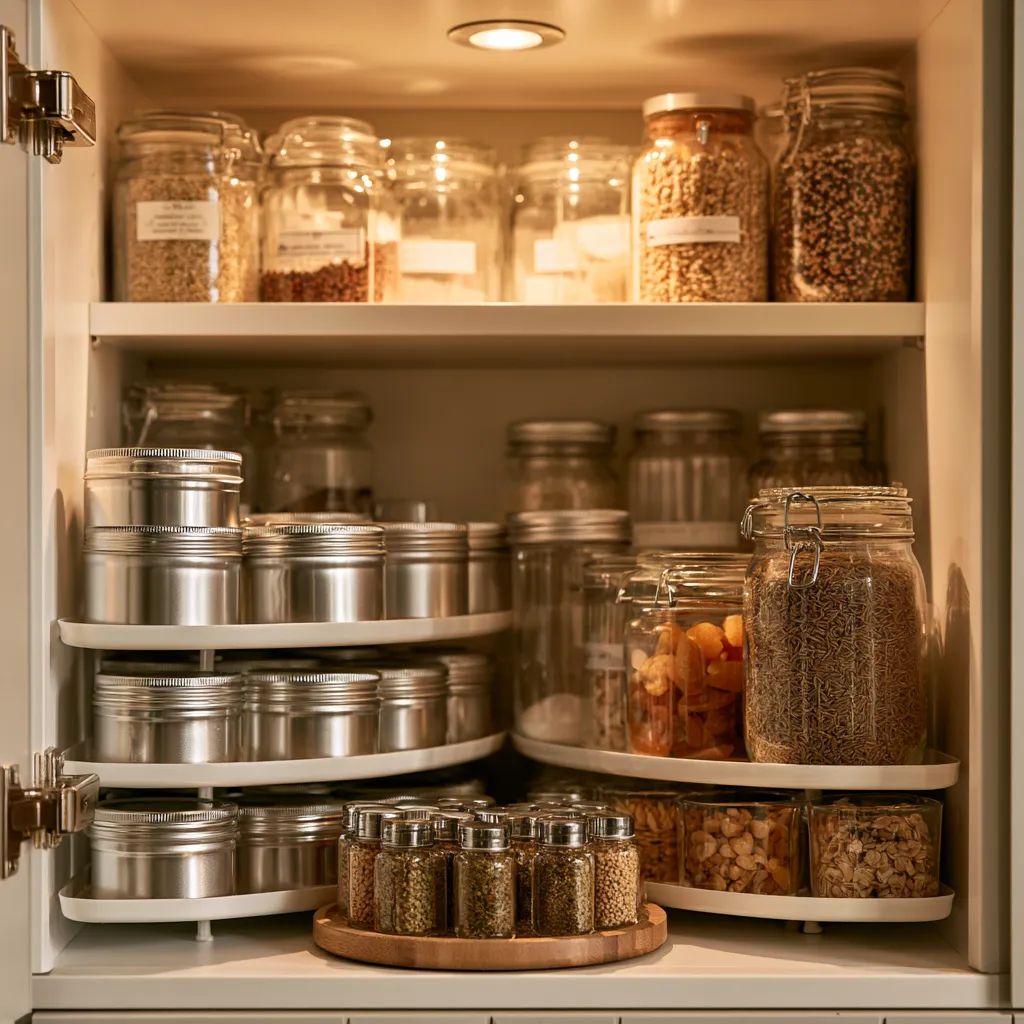 Pantry organisation ideas for small kitchen no pantry with tiered shelf inserts and lazy Susan