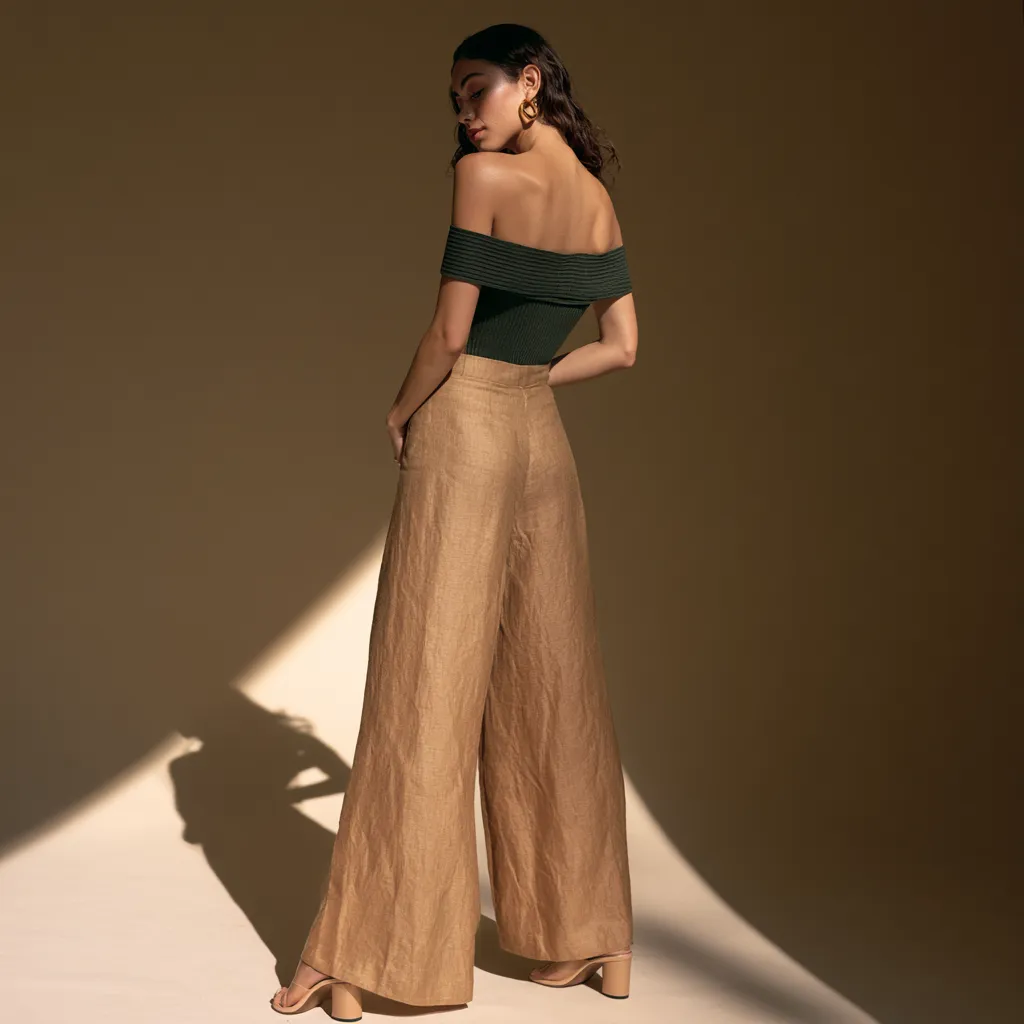 pear shaped body outfits high waist wide leg linen trousers off shoulder knit green