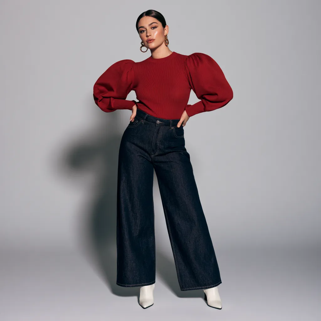 jeans for pear shaped figure high waist wide leg dark indigo red knit puff sleeve editorial