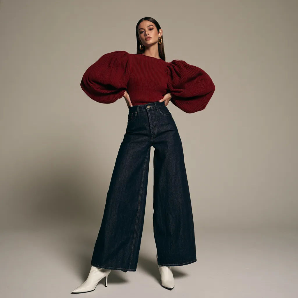 pear shape outfit ideas wide leg jeans cherry red sweater gold earrings white boots