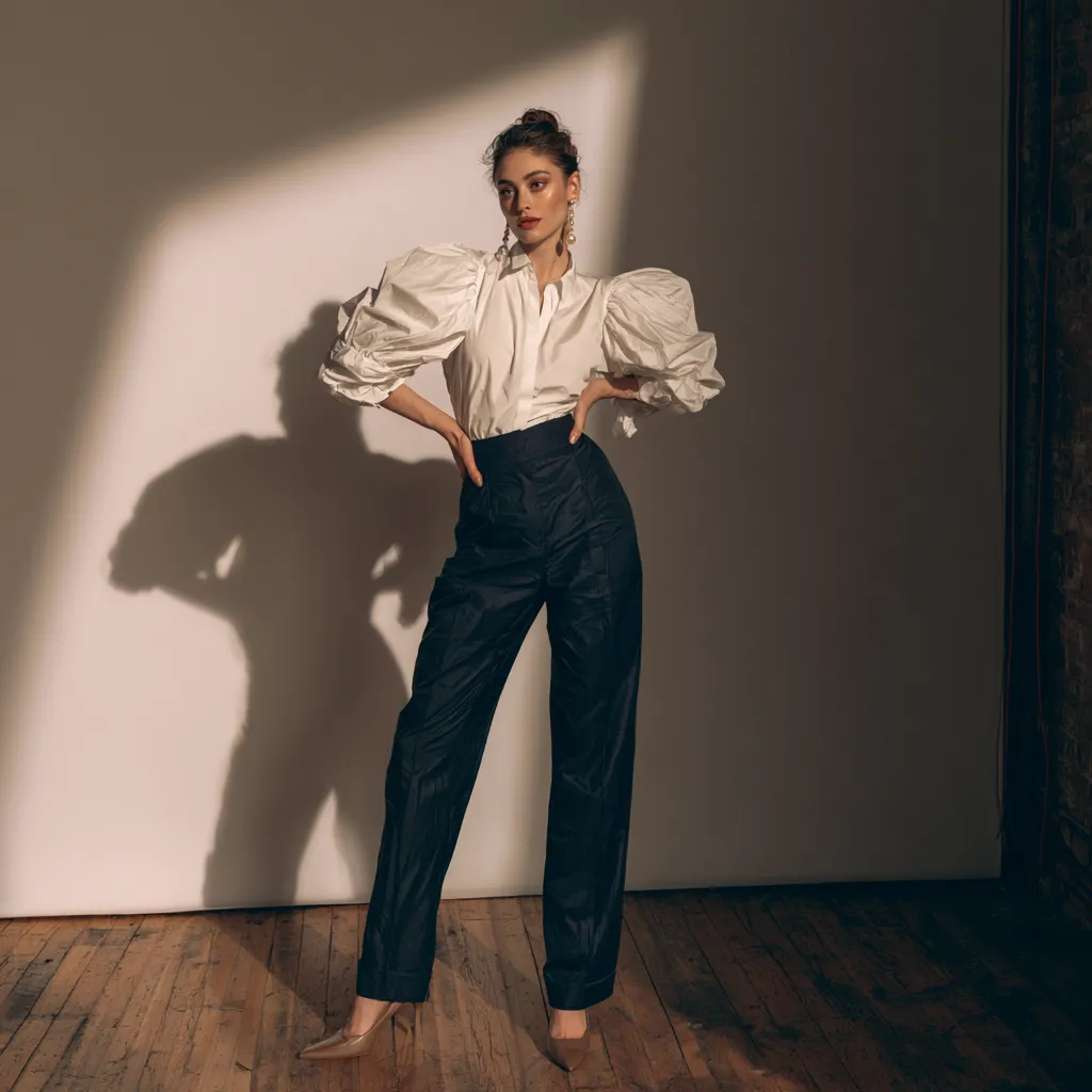 pear shaped body outfit puff sleeve white blouse high waist navy trousers kitten heels