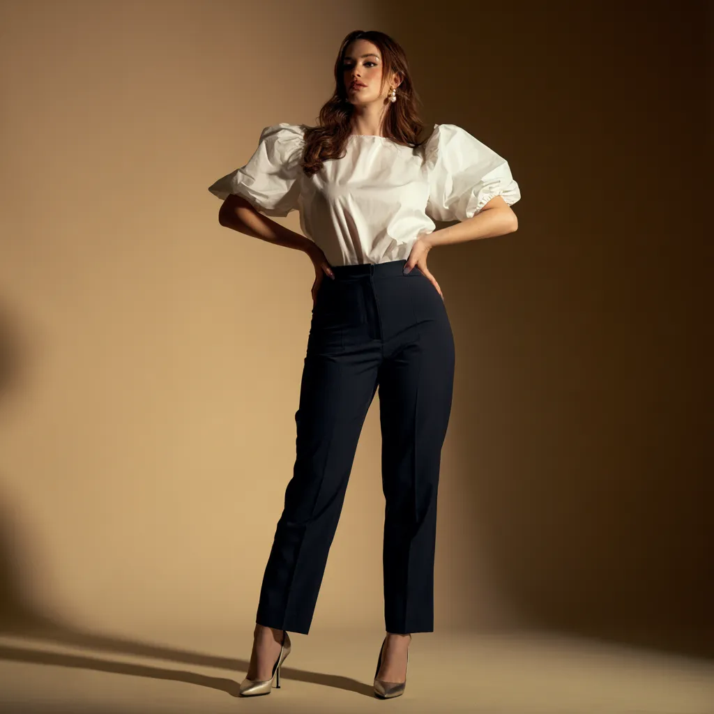 outfits for pear shaped bodies puff sleeve top straight leg trousers editorial standing