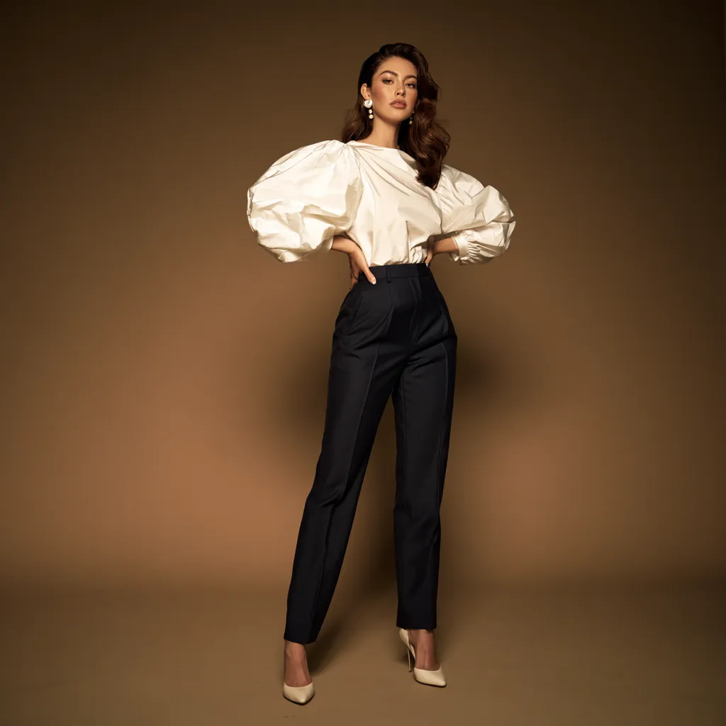 pear shape outfit ideas structured puff sleeve blouse navy high waist pants pearl earrings