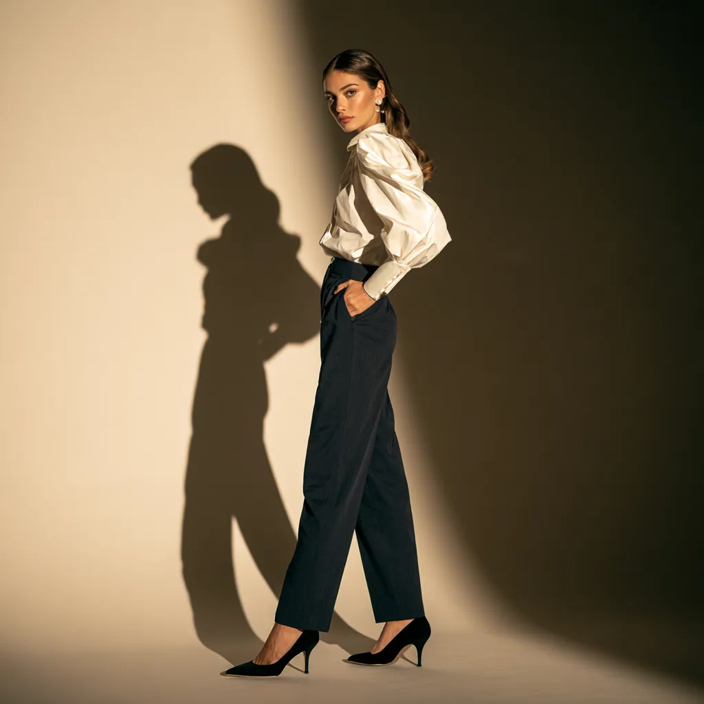 best tops for pear shaped figure white puff sleeve tucked into straight trousers editorial