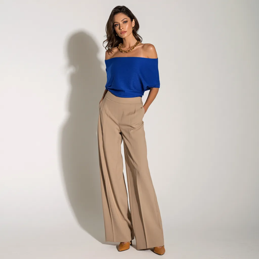 pear shaped body colour blocking outfit cobalt blue off shoulder top camel wide trousers