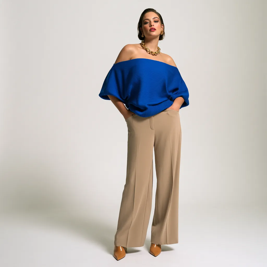colour block outfit for pear shaped figure blue structured top beige wide leg trousers