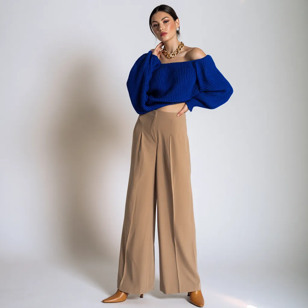pear shape styling colour blocking cobalt knit top camel trousers pointed mules editorial