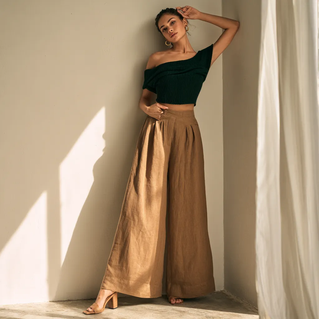 outfits for pear shaped figures wide leg camel trousers dark green off shoulder top editorial