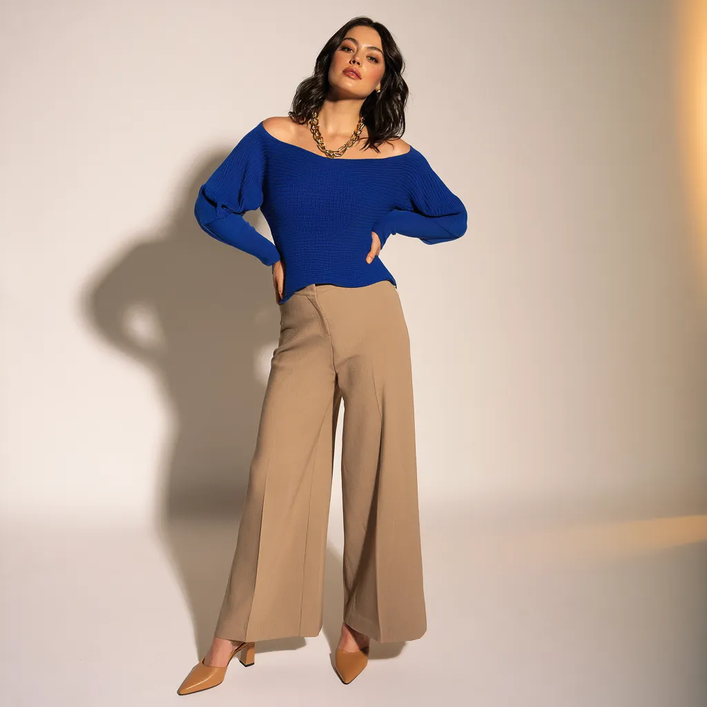 pear shaped body outfits colour contrast blue top neutral wide leg trousers gold accessories