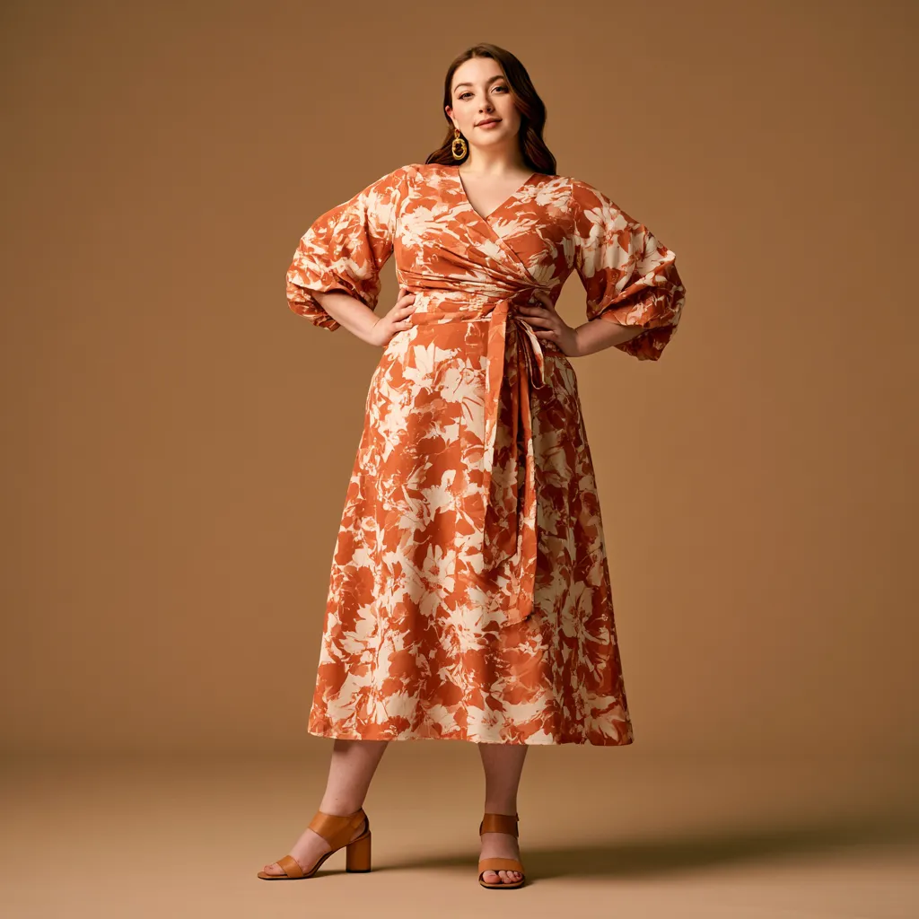 wrap dress for pear shaped figure floral terracotta midi defined waist editorial standing