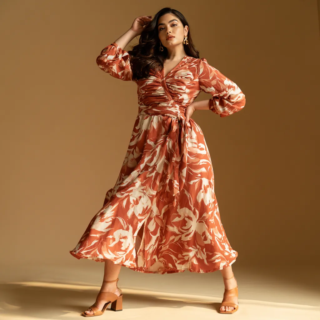 pear shape dress outfits wrap midi V neckline floral print cinched waist gold earrings