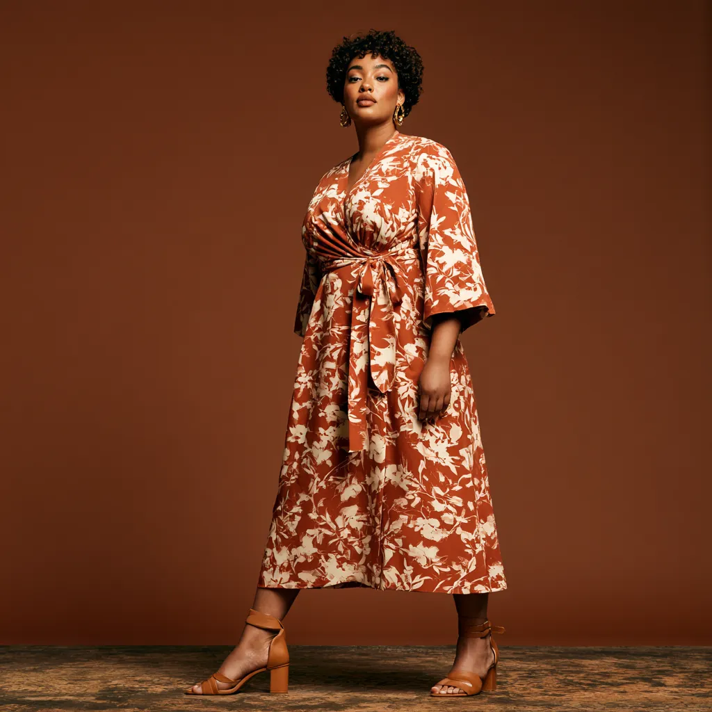 best dress for pear shaped bodies wrap midi floral pattern waist tie tan block heels