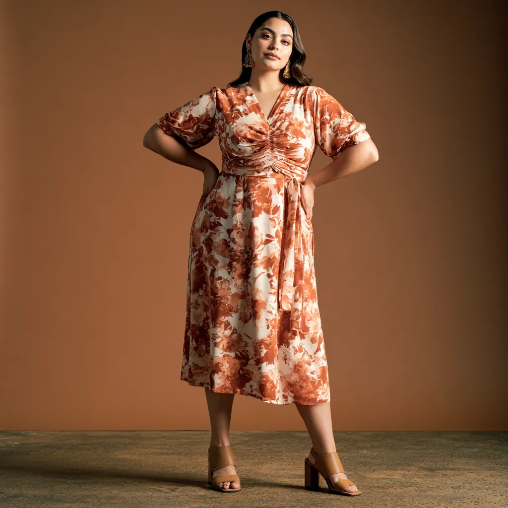 pear shaped body outfit floral wrap midi dress terracotta V neckline block heel sandals