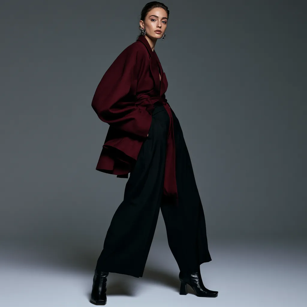 pear shaped body outfit burgundy oversized blazer belted wide leg trousers pointed boots
