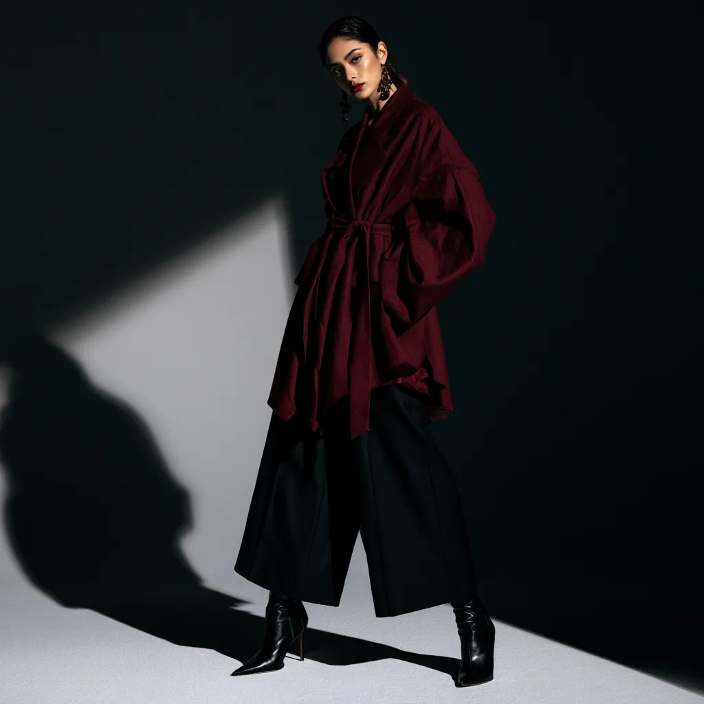 blazer outfit for pear shaped figure deep burgundy belted blazer black wide trousers editorial