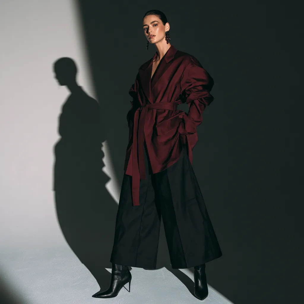 pear shape outfits blazer structured shoulder burgundy belted waist tailored trousers heeled boots