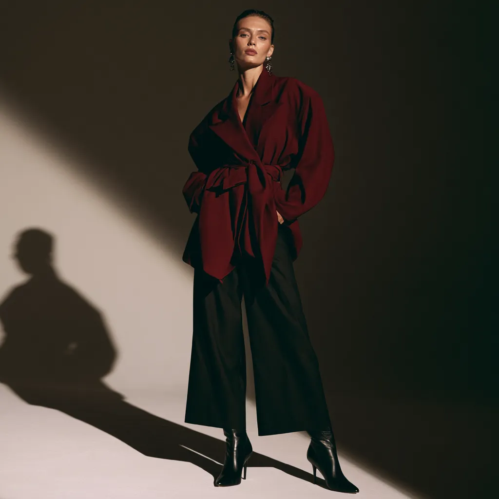 outfits for pear shaped women blazer belted at waist wide leg trousers leather boots standing