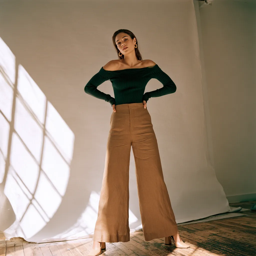 pear shape outfit ideas wide leg high waist trousers fitted off shoulder top block heels
