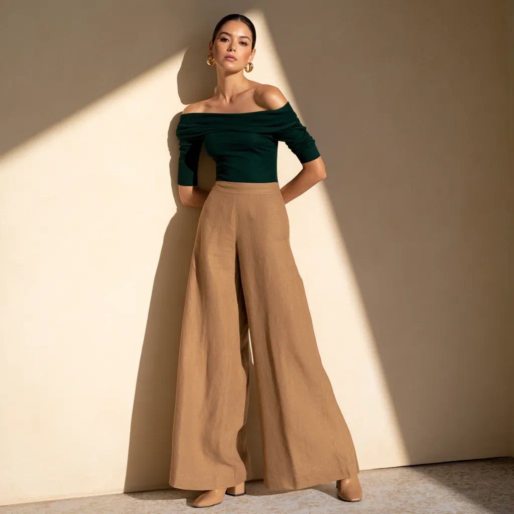 flattering wide leg trousers pear shaped body camel linen green knit mules standing