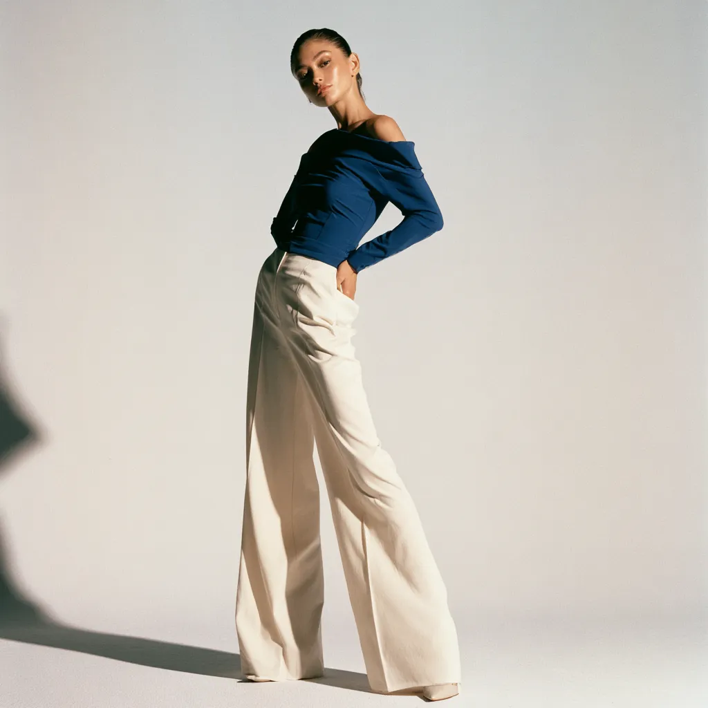 pear shaped body outfits off shoulder top wide leg trousers cream cobalt blue