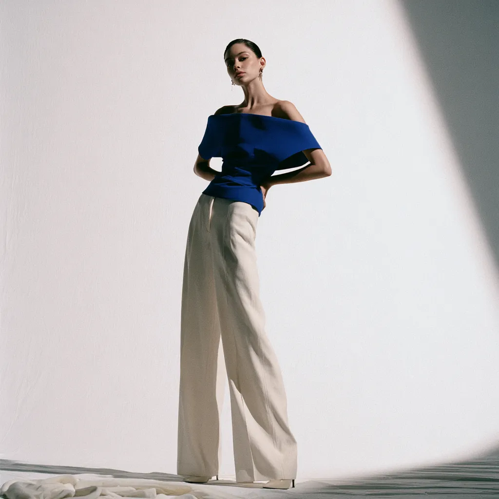 best outfits for pear shaped figures off shoulder blue top wide trousers editorial