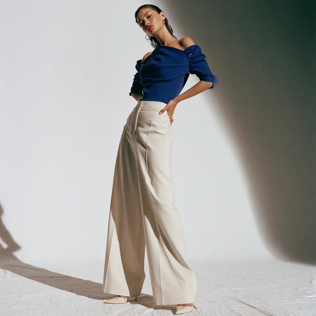 pear shape outfit ideas off shoulder structured top wide leg pants pointed heels