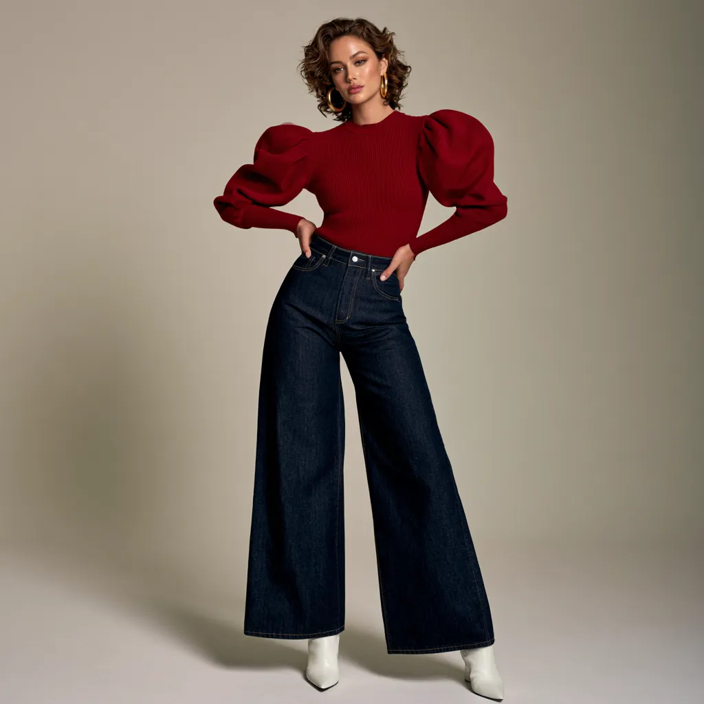 pear shaped body denim outfit wide leg dark jeans red puff sleeve knit white boots