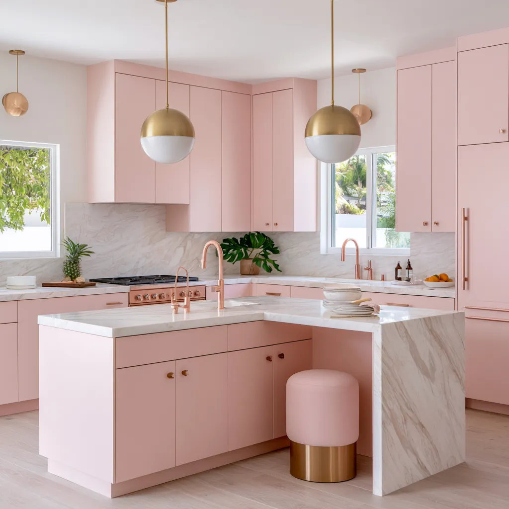 pink home color in kitchen with blush pink cabinetry and rose gold fixtures on marble countertops