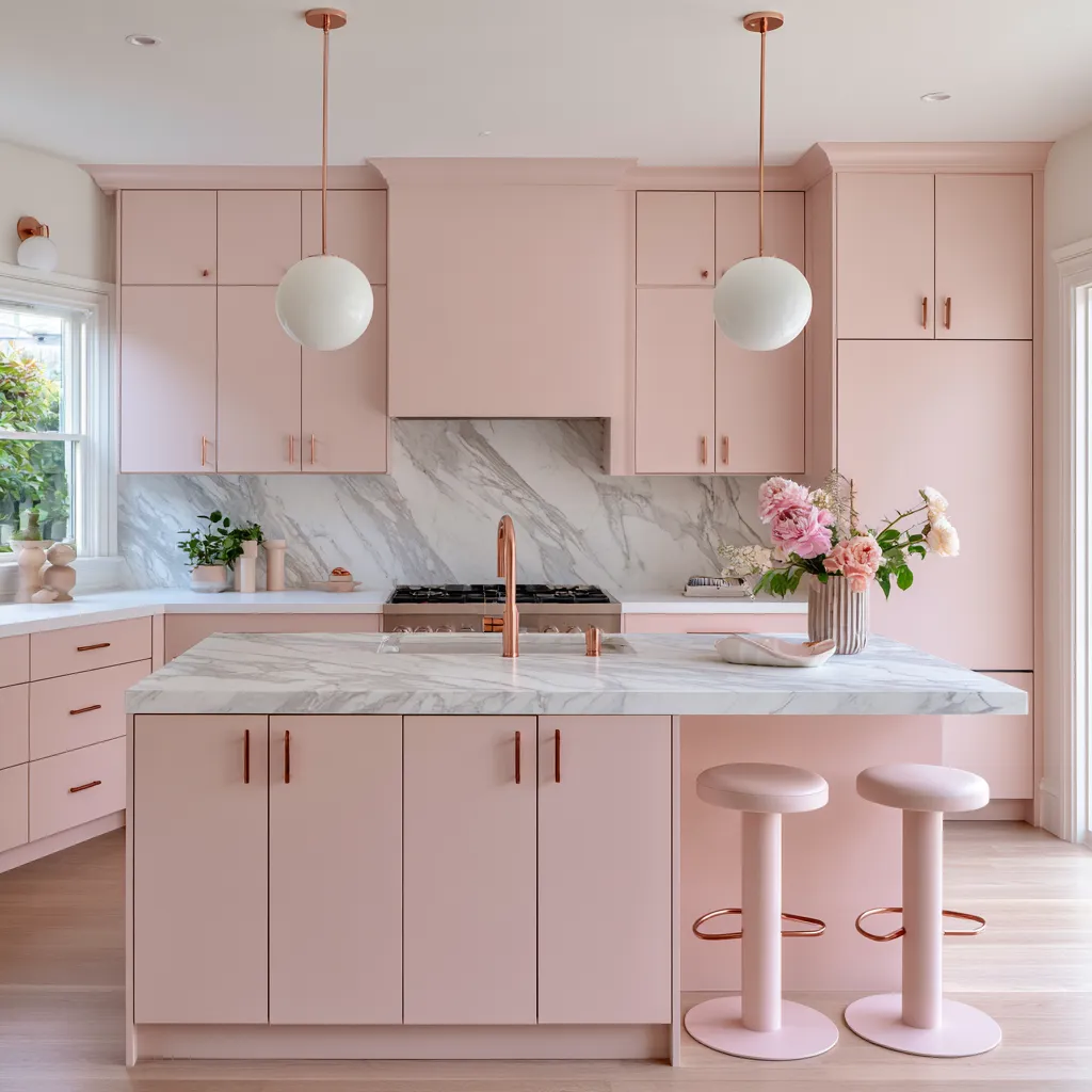 soft pink color for home kitchen design featuring modern cabinetry and pendant lighting