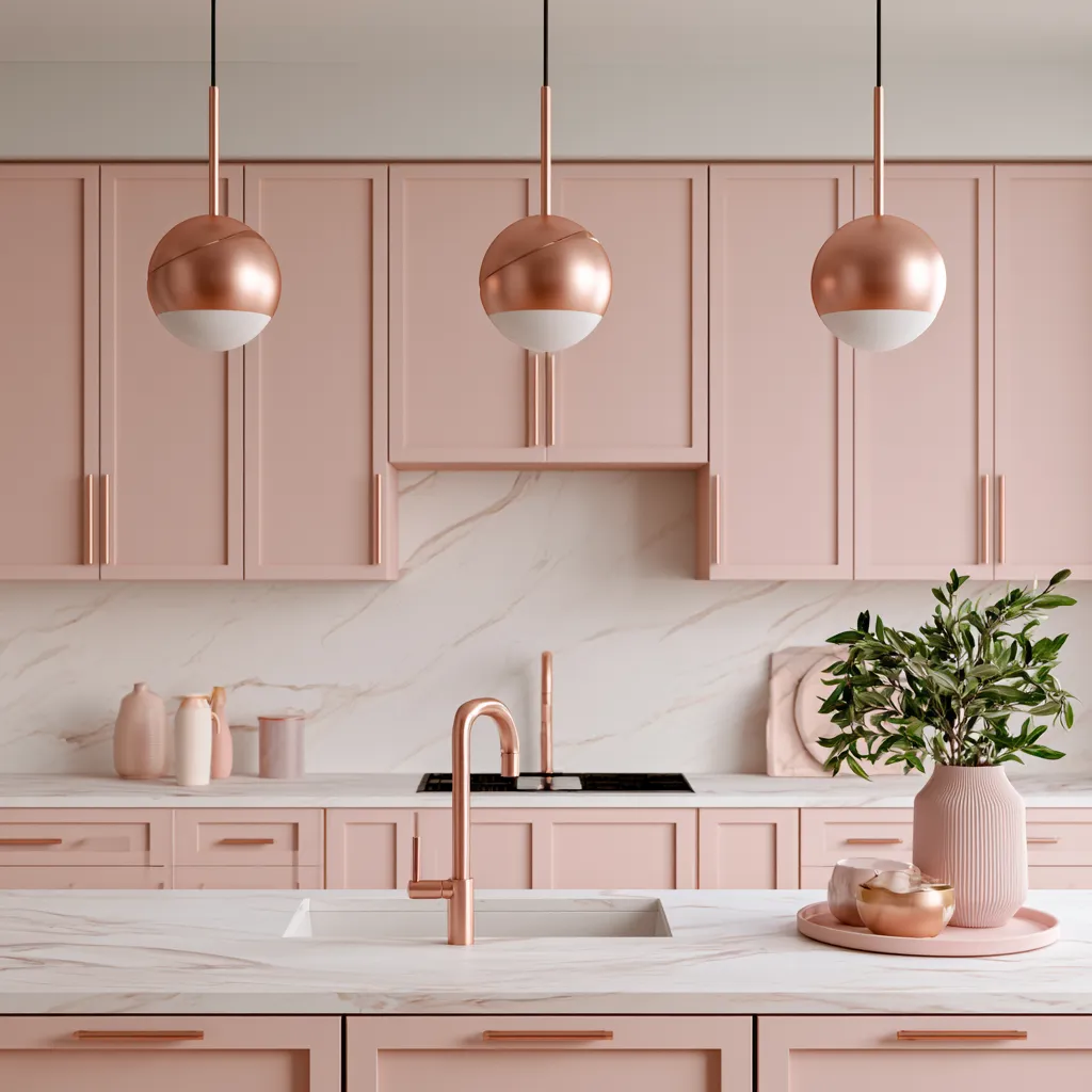 pink interior color scheme for kitchen with blush pink cabinets and clean white marble