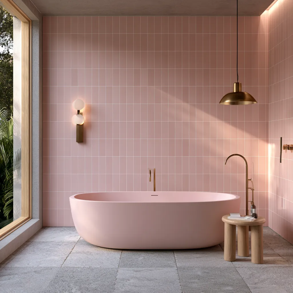 pink interior color idea for bathroom with dusty rose walls and contemporary stone flooring