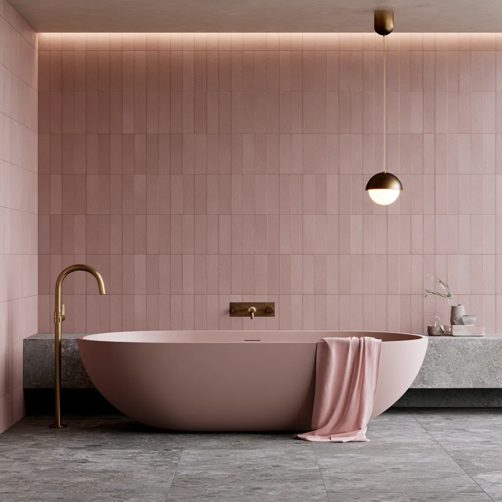 pink home color in bathroom with dusty rose tiles and brushed brass fixtures around a freestanding tub