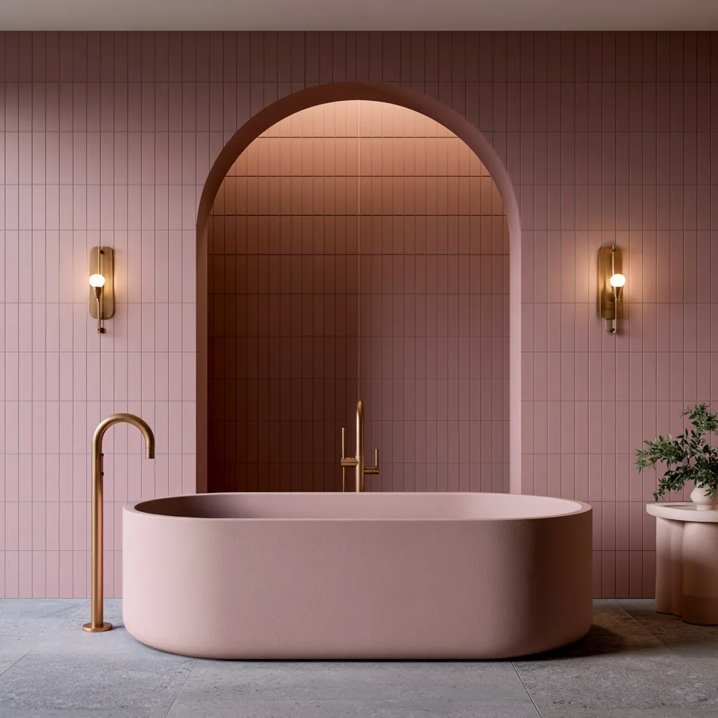 pink and gray bathroom color scheme featuring stone floors and rose wall tiles in editorial style