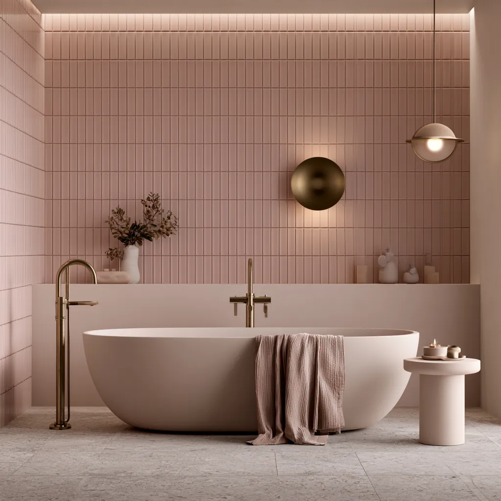 pink color for home bathroom design with luxury spa aesthetic and warm ambient lighting