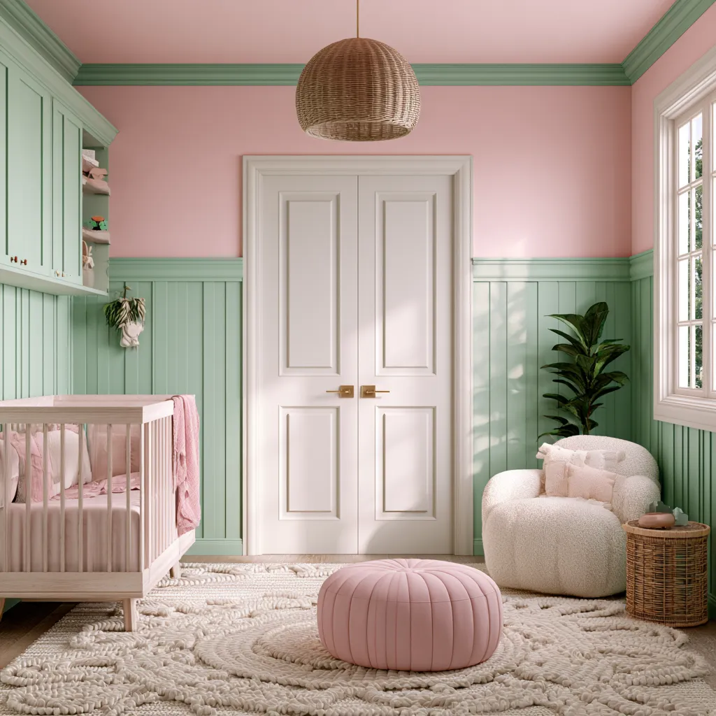 soft pink interior color for kids room featuring wooden furniture and whimsical textile details