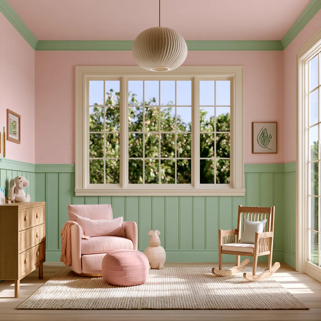 pink color in home nursery design with pastel palette and airy editorial photography style