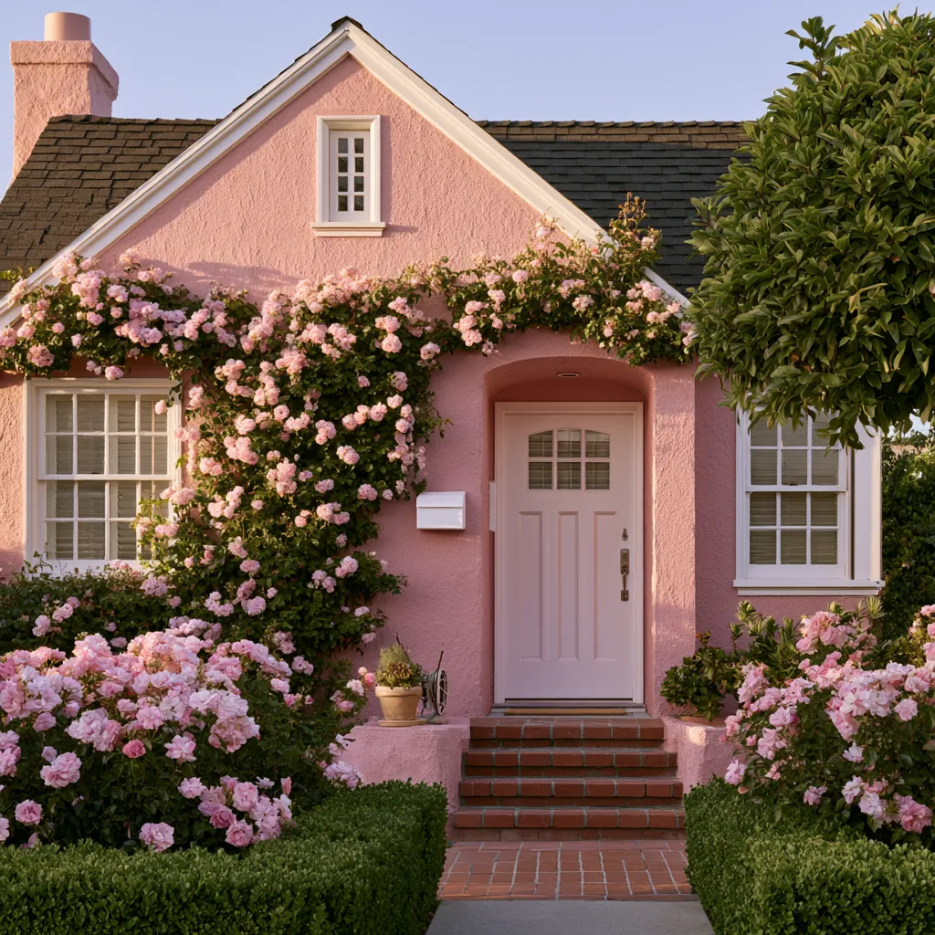 pink house color exterior featuring dusty rose walls with lush green garden at golden hour