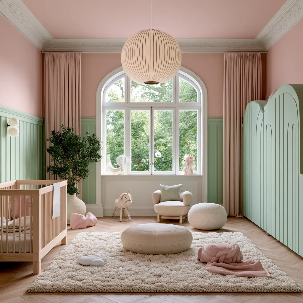 pink home color for nursery with pastel pink walls and mint green accents in natural light