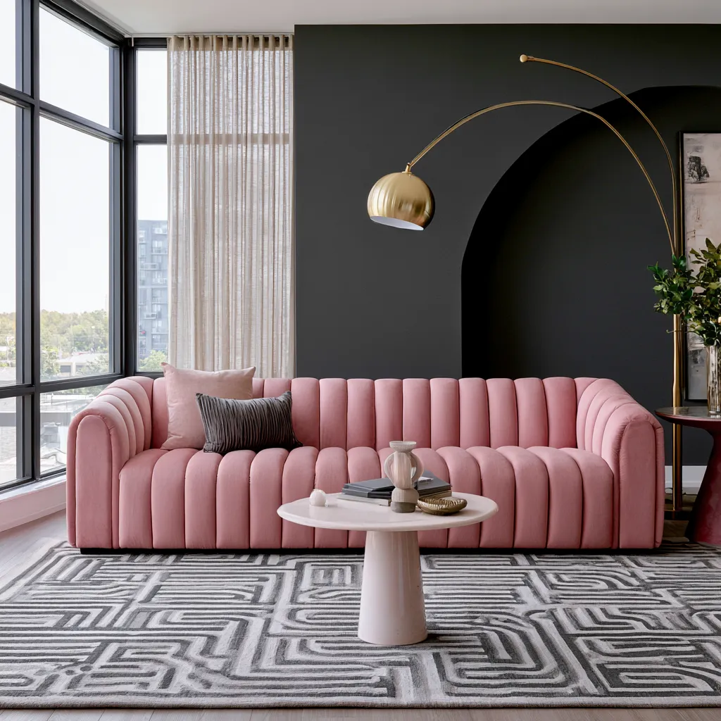 pink home color idea for living room with blush velvet sofa and charcoal accent wall in editorial style