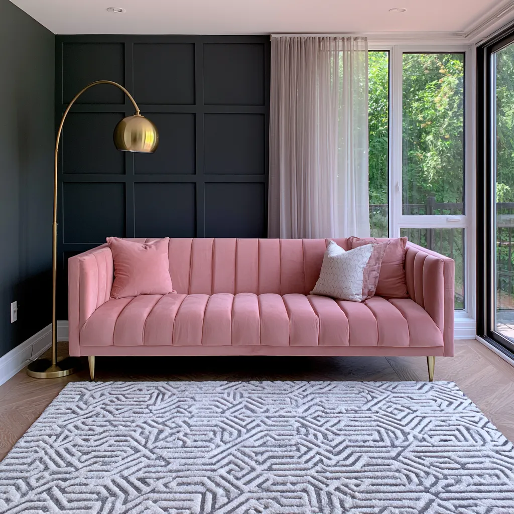 pink and gray color scheme for home living room featuring brass lamp and geometric rug