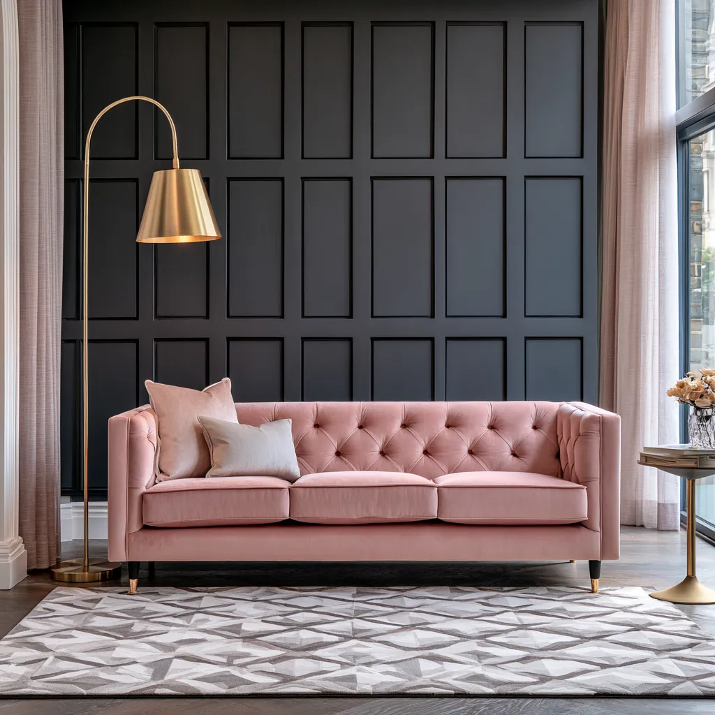 pink interior home color with blush sofa and sheer curtains in a bright contemporary living space