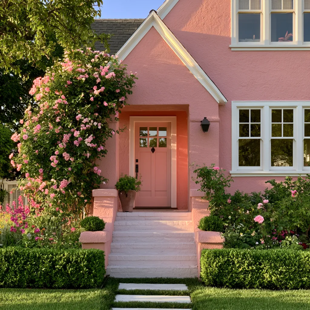 pink color for home exterior design with vintage rose facade and charming white architectural details