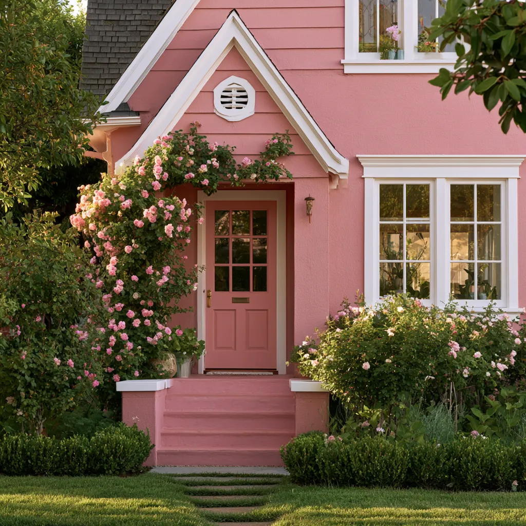 pink exterior home color in residential architecture with dusty rose paint and climbing floral accents