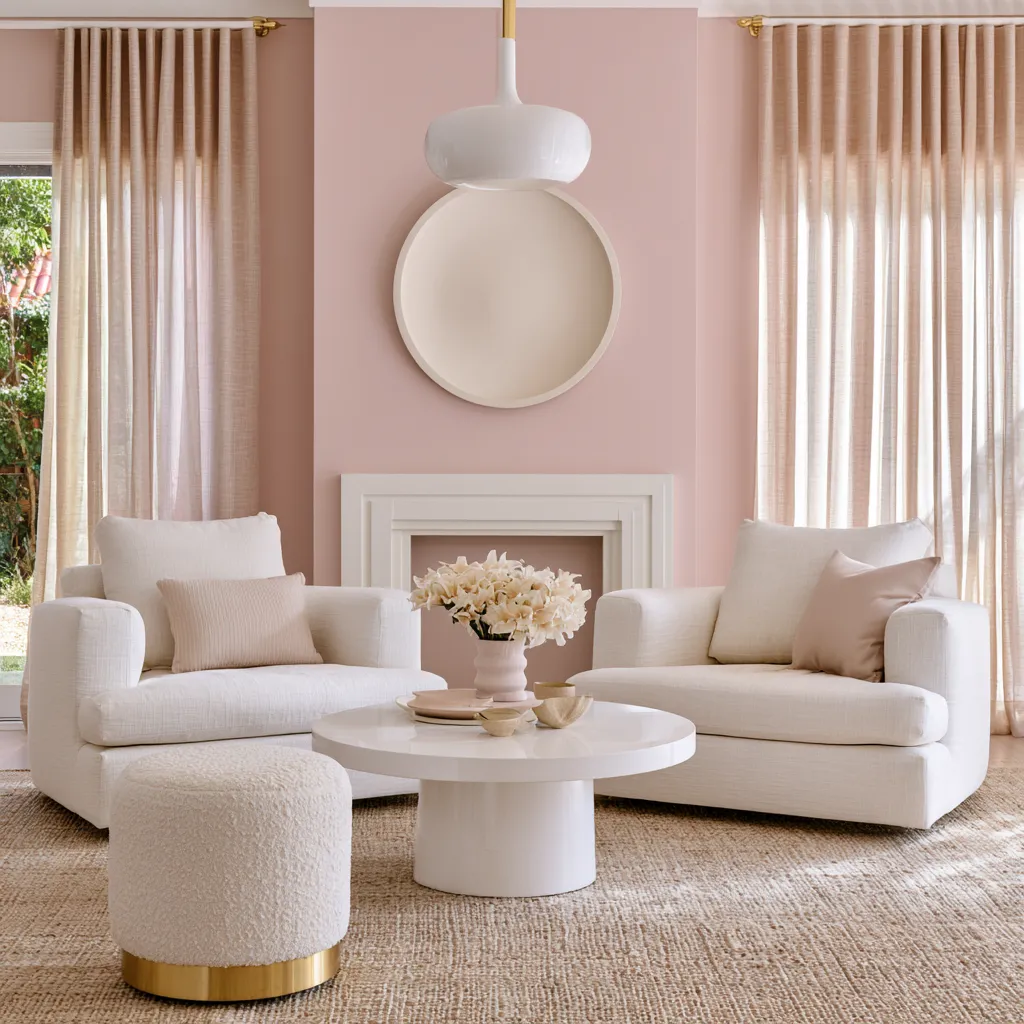 pink house color inside a contemporary living room with sheer curtains and warm tones