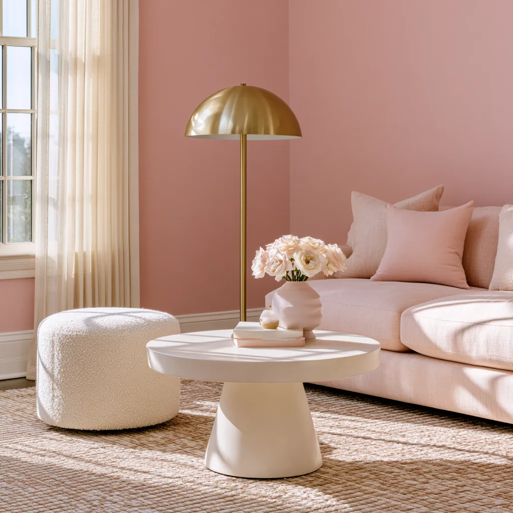 pink home color ideas with blush walls and natural linen furniture in a sunlit living room