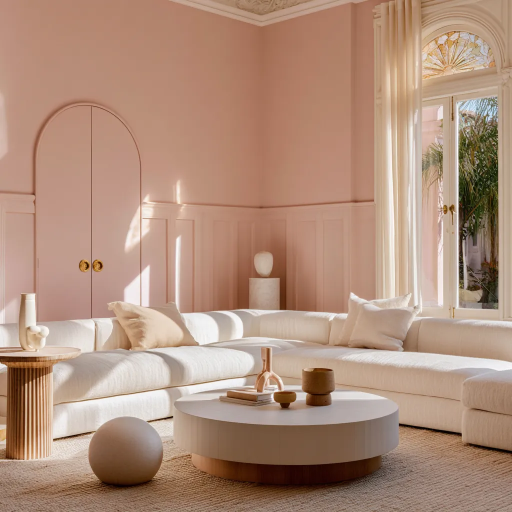 soft pink interior color scheme for a modern living room with warm afternoon light
